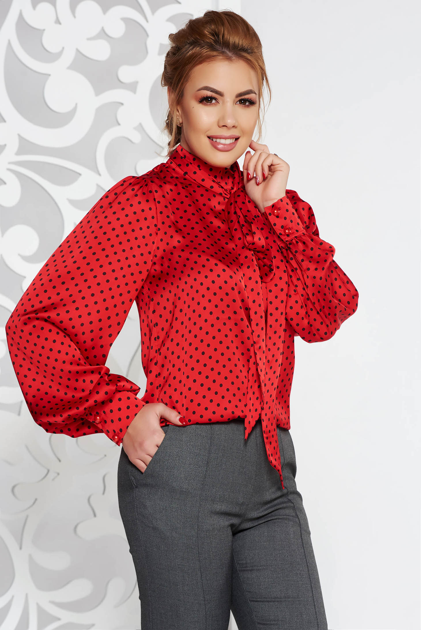 PrettyGirl red elegant  flared women s blouse  from satin 